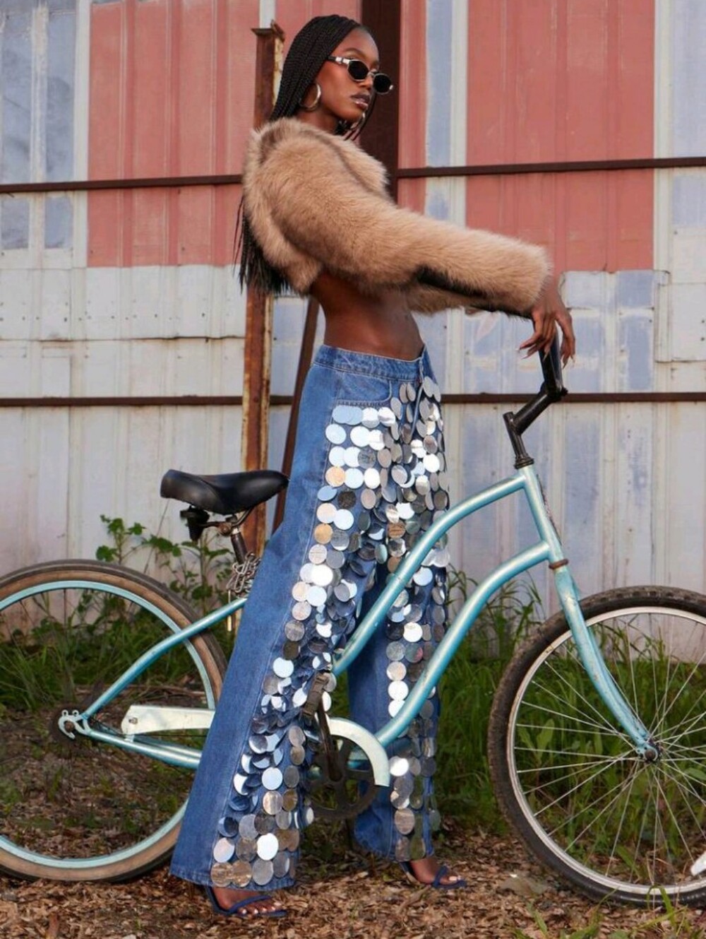 Denim Jean Baggy Straight Pant Versatile Sequin Glitter Shine Sparkle Bedazzle - Picture 4 of 10